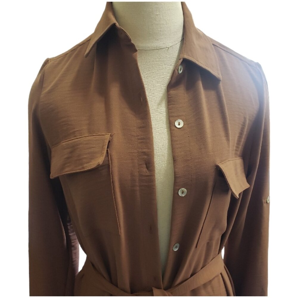 Ct226 Spins Button Front Brown Tunic With Sash An… - image 2